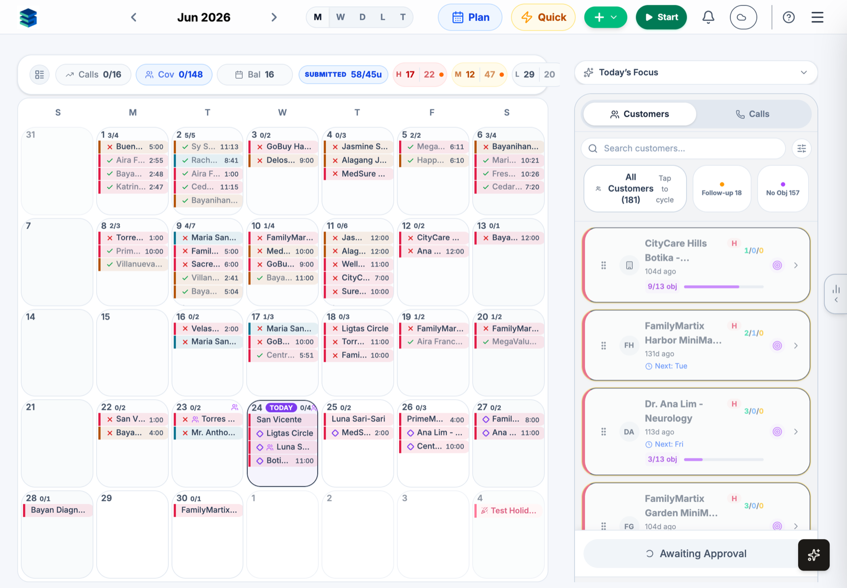 Cycle calendar on a tablet in landscape with the customer focus panel