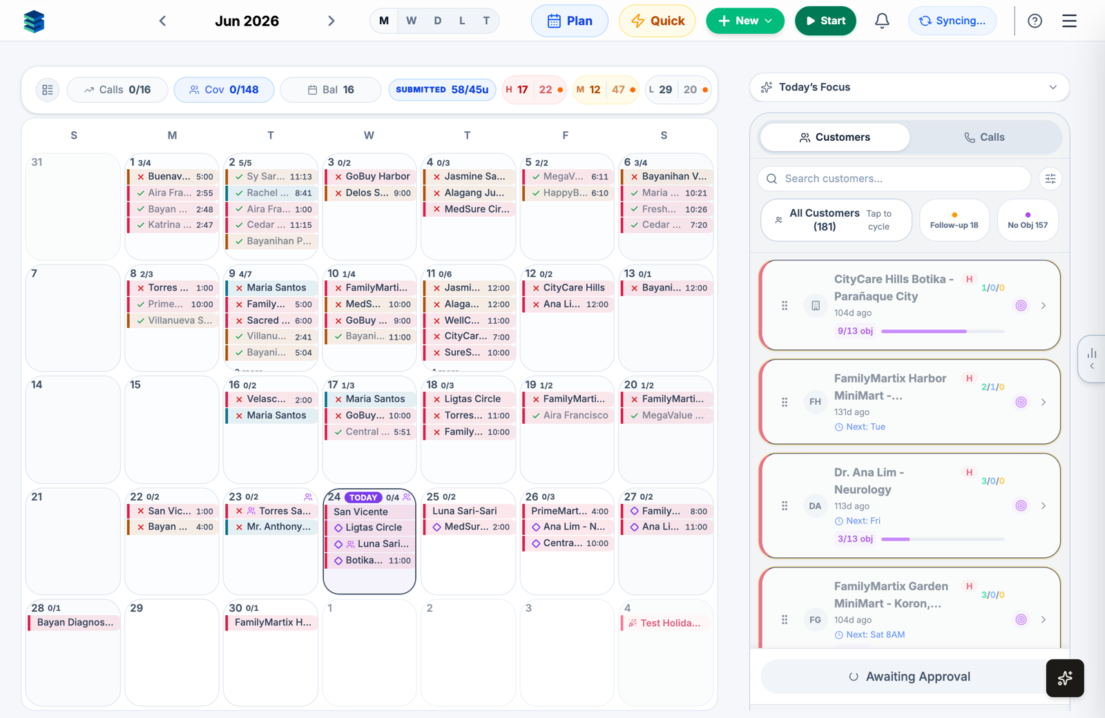 Sales Companion cycle calendar with the territory's customers and visits